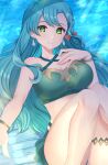 1girl aqua_hair bare_arms bare_shoulders bikini bow braid breasts chloe_(fire_emblem) cleavage commentary_request edamameoka fire_emblem fire_emblem_engage green_bikini green_eyes hair_bow hand_on_own_chest highres knees_up large_breasts long_hair looking_at_viewer orange_bow smile solo swimsuit thighs very_long_hair water 