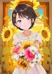  1girl blue_eyes bouquet brown_hair closed_mouth collar collared_dress commentary dress flower frilled_collar frills hair_flower hair_ornament highres holding holding_bouquet hololive looking_at_viewer oozora_subaru pink_flower short_hair short_sleeves smile solo sunflower sunflower_hair_ornament sunset taachika virtual_youtuber white_dress 
