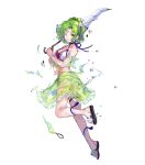  1girl ass bare_shoulders bikini breasts broken_umbrella fire_emblem fire_emblem:_the_sacred_stones fire_emblem_heroes flower full_body fuzichoco gradient_clothes green_eyes grey_hair hair_flower hair_ornament highres holding jewelry l&#039;arachel_(fire_emblem) leg_up long_hair looking_back medium_breasts navel non-web_source official_art one_eye_closed open_mouth sandals see-through solo stomach swimsuit toeless_footwear toes torn_clothes transparent_background umbrella water water_drop 