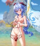  1girl 3d_background ass_visible_through_thighs bird blue_hair blue_sky blurry blurry_background blush bra breasts cleavage clothes_hanger cloud cloud_retainer_(genshin_impact) cloudy_sky collarbone commentary completely_nude crane_(animal) depth_of_field embarrassed english_commentary ganyu_(genshin_impact) genshin_impact goat_horns hair_between_eyes head_tilt highres holding_clothes_hanger horns lingerie long_hair low_ponytail luizhtx medium_breasts micro_bra micro_panties navel nipples nude panties pants parted_lips pussy red_bra red_pants sidelocks sky solo_focus stomach towel underwear water 