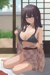  1girl absurdres bare_legs barefoot bed_sheet black_bra blurry blurry_background blush bra breasts brown_hair character_request checkered_clothes checkered_kimono cleavage collarbone copyright_request groin highres indoors japanese_clothes kimono kimono_pull large_breasts looking_at_viewer no_panties sitting sliding_doors solo toes tomura2maru underwear undressing wooden_floor yokozuwari 