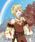  1girl bare_shoulders blonde_hair breasts citrinne_(fire_emblem) earrings feather_hair_ornament feathers fire_emblem fire_emblem_engage gold hair_ornament hairclip highres hoop_earrings jewelry marie_dqx medium_breasts open_mouth rainbow 