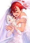  2girls ^_^ absurdres bare_shoulders blush bridal_veil closed_eyes cowlick dress grey_hair gundam gundam_suisei_no_majo hair_behind_ear hair_between_eyes highres hug hug_from_behind miorine_rembran multiple_girls ponytail puni_(punycolors) red_hair smile suletta_mercury thick_eyebrows veil wedding_dress white_dress wife_and_wife yuri 