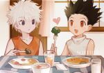  2boys black_hair bowl broccoli brown_eyes cup curtains food fork gon_freecss heart highres holding holding_fork hunter_x_hunter indoors kiko killua_zoldyck male_focus multiple_boys open_mouth parted_lips sample_watermark shirt sleeveless spiked_hair table upper_body watermark white_hair 
