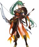  1girl arrow_(symbol) bangs bow_(weapon) breasts earrings fingerless_gloves fire_emblem fire_emblem:_the_blazing_blade fire_emblem_heroes fur_trim gloves gold_trim green_eyes green_hair hair_ornament high_ponytail highres jewelry kakage long_hair lyn_(brave_lady)_(fire_emblem) lyn_(brave_lady)_(resplendent)_(fire_emblem) lyn_(fire_emblem) non-web_source official_art ponytail quiver short_sleeves solo transparent_background weapon 