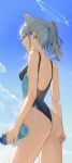  1girl absurdres animal_ears ass backless_swimsuit blue_archive bottle breasts competition_swimsuit earrings grey_hair halo highres holding holding_bottle jewelry kji_(rozo) looking_ahead medium_breasts official_alternate_costume one-piece_swimsuit outdoors ponytail shiroko_(blue_archive) shiroko_(swimsuit)_(blue_archive) smile solo stud_earrings swimsuit two-tone_one-piece_swimsuit water_drop wolf_ears 