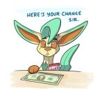 after_transformation animate_inanimate cashier eeveelution english_text fabric feral generation_4_pokemon inanimorphs leafeon living_plushie low_res male money name_tag nintendo plushie pokemon pokemon_(species) seam_(sewing) shopping simple_background solo text white_background 