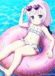  1girl :o afloat aqua_bikini arm_up artist_name bare_arms bare_legs bare_shoulders barefoot belly bikini blue_eyes blunt_bangs daloli_chan day doughnut_innertube expressionless eyewear_on_head flat_chest foot_out_of_frame frilled_bikini frills gradient_hair hair_bobbles hair_ornament hand_on_eyewear heart heart-shaped_eyewear holding innertube kanna_kamui knees_together_feet_apart kobayashi-san_chi_no_maidragon layered_bikini legs light_blush long_hair looking_at_viewer lying midriff multicolored_bikini multicolored_clothes multicolored_hair navel on_back open_mouth outdoors pale_skin petite pink_innertube purple_hair raised_eyebrows side-tie_bikini_bottom sidelocks slit_pupils solo spaghetti_strap straight_hair sunglasses swimsuit twintails water wet white_bikini 