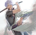  1boy curly_hair debris feet_out_of_frame fighting_stance gintama hadanugi_dousa highres holding holding_sword holding_weapon japanese_clothes kimono long_sleeves male_focus open_clothes open_kimono pectoral_cleavage pectorals sakata_gintoki serious short_hair short_sleeves solo sword uraki_(tetsu420) weapon white_hair wooden_sword 