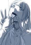  1girl 1other blush english_commentary fern_(sousou_no_frieren) greyscale hews highres long_hair monochrome open_mouth pov saliva sketch solo_focus sousou_no_frieren tongue tongue_out upper_body v 