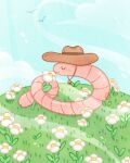  arcasian blue_sky blush chibi closed_eyes closed_mouth cloud cowboy cowboy_hat field flower hat highres original sky smelling worm 