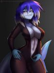 2023 absurd_res anthro anthrofied bodysuit clothing female fish gradient_background hair hi_res looking_at_viewer marine multicolored_hair patreon patreon_logo patreon_username shark simple_background skinsuit solo tight_clothing undressing xaenyth zipper zipper_down 