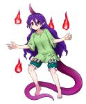  1girl absurdres barefoot closed_mouth clothes_writing fingernails full_body green_shirt green_shorts highres horns itou_yuuji long_hair pointy_ears purple_hair purple_horns red_eyes shirt short_sleeves shorts simple_background single_horn smile solo syringe tail tenkajin_chiyari test_tube toenails touhou white_background 