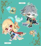  2boys absurdres alhaitham_(genshin_impact) blonde_hair blush book boots character_name chibi closed_mouth detached_sleeves earrings feather_hair_ornament feathers genshin_impact green_eyes green_hair grey_hair hair_between_eyes hair_ornament highres holding holding_book jewelry kaveh_(genshin_impact) key male_focus mehrak_(genshin_impact) multicolored_hair multiple_boys open_mouth pants reading red_eyes simple_background slime_(creature) teru2307 vision_(genshin_impact) 