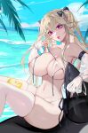  1girl absurdres anchorage_(azur_lane) anchorage_(dolphins_and_swim_lessons)_(azur_lane) azur_lane bare_shoulders bikini breasts covered_nipples hair_between_eyes hair_ribbon highres huge_breasts inflatable_orca inflatable_toy light_brown_hair long_hair long_sleeves looking_at_viewer manjuu_(azur_lane) ocean official_alternate_costume outdoors ribbon see-through swimsuit thighhighs thighs twintails very_long_hair white_bikini white_thighhighs yaoshan_shi 