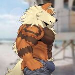  1:1 abs anthro arcanine biceps bodily_fluids bottomwear bulge butt canid canine clothing fangs generation_1_pokemon hi_res huskero looking_down male mammal meme muscular muscular_anthro muscular_male neck_tuft nintendo pants pecs pokemon pokemon_(species) portrait pubes pulling_up_pants side_view solo sweat sweatdrop teeth thong three-quarter_portrait tight_pants_(meme) tuft underwear 