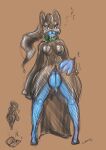  2023 anthro biped black_bodysuit black_clothing bodily_fluids bodysuit breasts bulge clothed clothing dripping drooling front_view genital_fluids gimp_suit gynomorph hand_on_hip hand_on_own_hip hi_res intersex mega_banette mega_evolution nintendo pokemon pokemon_(species) pokemorph precum precum_drip purple_sclera s-nina saliva simple_background skinsuit solo standing tight_clothing unzipped yellow_eyes zipper 