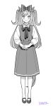  1girl agnes_digital_(umamusume) animal_ears bow commentary_request dress full_body greyscale hair_bow hamashima_shigeo horse_ears horse_girl horse_tail long_sleeves medium_dress monochrome puffy_long_sleeves puffy_sleeves sidelocks signature smile solo tail two_side_up umamusume 