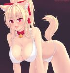  1girl animal_ears bell bikini blonde_hair blush breasts cat_ears cat_girl cat_tail cleavage collar collarbone commentary english_commentary hair_ornament highres large_breasts long_hair looking_at_viewer navel neck_bell nottytiffy open_mouth original patreon_username ponytail purple_background red_collar red_eyes simple_background slit_pupils smile solo swimsuit tail thighs tiffy_(nottytiffy) white_bikini 