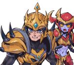  1boy 1girl armor black_bodysuit blue_eyes bodysuit clenched_teeth colored_sclera d: facial_hair fangs gem gold_armor helmet jarvan_iv_(league_of_legends) league_of_legends looking_at_viewer midriff navel orange_sclera phantom_ix_row red_armor shoulder_plates shoulder_spikes shyvana spikes stomach stubble teeth yellow_eyes 