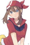  1girl bandana blue_eyes blush breasts brown_hair closed_mouth collared_shirt commentary eyelashes fanny_pack hair_between_eyes highres looking_at_viewer may_(pokemon) medium_breasts pokemon pokemon_(game) pokemon_rse red_bandana red_shirt ririmon shirt short_sleeves simple_background solo white_background yellow_bag 