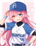  1girl alternate_costume baseball_cap baseball_uniform blue_archive blue_eyes blue_headwear blue_wristband blush commentary_request crossed_bangs fang hair_between_eyes halo hat heterochromia highres hoshino_(blue_archive) layered_sleeves long_hair open_mouth pink_hair pink_halo shinopoko short_sleeves solo sportswear upper_body wide_sleeves wristband yellow_eyes 