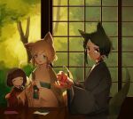  084oishi 1boy 2girls animal_ear_fluff animal_ears aqua_eyes black_hair blonde_hair bob_cut child closed_eyes fox_boy fox_ears fox_girl fox_tail grey_kimono hair_ornament indoors japanese_clothes kimono kitsune kotatsu looking_at_another multiple_girls obi open_mouth origami original paper paper_crane red_kimono sash short_hair sitting sliding_doors smile table tail tree white_eyes white_kimono 