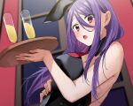  1girl black_leotard blurry blurry_background blush breasts chigusa_minori commentary_request detached_collar glass hair_between_eyes highres holding holding_tray indoors large_breasts leotard long_hair looking_at_viewer necktie open_mouth original playboy_bunny purple_hair red_eyes red_necktie sidelocks solo tray upper_body 