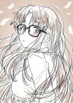  1girl :3 black-framed_eyewear blush_stickers breasts commentary glasses highres limited_palette long_hair looking_at_viewer looking_back marrontorisu medium_breasts messy_hair parted_bangs read_or_die rectangular_eyewear shirt simple_background sketch solo upper_body yomiko_readman 