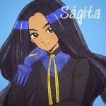  1girl black_hair black_jacket blue_background blue_eyes blue_gloves blue_shirt buttons closed_mouth commentary_request dark-skinned_female dark_skin eyelashes geeta_(pokemon) gloves hand_up highres hyangjjan jacket long_hair long_sleeves neck_ribbon pokemon pokemon_(game) pokemon_sv ribbon shirt smile solo upper_body yellow_ribbon 