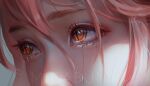  1girl absurdres artist_name chainsaw_man close-up cross-shaped_pupils crying crying_with_eyes_open eye_focus eyelashes hair_between_eyes highres looking_ahead micabuns orange_eyes pink_hair portrait power_(chainsaw_man) realistic signature solo symbol-shaped_pupils tears yellow_eyes 