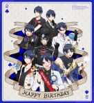  6+boys absurdres aqua_eyes black_gloves black_headwear black_jacket black_vest blue_eyes blue_hair bottle closed_eyes deuce_spade facial_mark glasses gloves happy_birthday hat highres jacket long_sleeves looking_at_viewer male_focus meshi_kue_yo multiple_boys necktie open_mouth red_hair shirt short_hair smile spade_(shape) striped_necktie suit tassel teeth top_hat twisted_wonderland vest white_jacket 