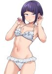  1girl absurdres audio_jack bikini boku_no_hero_academia border breasts closed_mouth collarbone commentary diagonal_bangs expressionless fingernails frilled_bikini frills halterneck hands_up highres jirou_kyouka kobaji light_blush long_earlobes looking_at_viewer nail_polish navel outside_border purple_eyes purple_hair purple_nails short_hair sidelocks small_breasts solo stomach swimsuit white_background white_bikini 