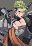  1boy achilles_(fate) armor black_shirt blood blood_on_face brown_eyes eyelashes fate/apocrypha fate_(series) gauntlets green_hair grey_background haruakira highres holding holding_polearm holding_weapon injury looking_at_viewer muscular muscular_male orange_sash polearm ribbed_shirt shirt short_hair simple_background solo turtleneck undercut weapon wiping_blood 