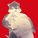  anthro batten_xxxx belly blush canid canine canis domestic_dog eyebrows fur grey_body grey_fur lifewonders male mammal moobs moritaka navel nipples overweight scar solo thick_eyebrows tokyo_afterschool_summoners towel 