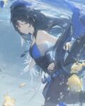  1girl bandaged_chest bare_shoulders black_hair blue_headwear breasts bubble chest_sarashi cleavage fish grin highres kb_beary looking_at_viewer sarashi smile underwater wuthering_waves yangyang_(wuthering_waves) 