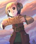  1girl belt brown_eyes brown_hair cloud day english_commentary hair_bobbles hair_ornament highres holding long_sleeves looking_at_viewer outdoors photoshop_(medium) pocket recette_lemongrass recettear short_hair solo tongue tongue_out wafferscotch 