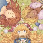  1girl 2boys blonde_hair blue_eyes brown_hair charlotte_(seiken_densetsu_3) closed_eyes commentary_request drooling duran_(seiken_densetsu_3) fangs flower fur_trim hashibi_rokou hat jester_cap kevin_(seiken_densetsu_3) long_hair lying mouth_drool multiple_boys on_back open_mouth red_hair red_headwear seiken_densetsu seiken_densetsu_3 short_hair signature smile thick_eyebrows upper_body 