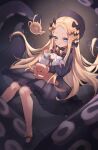  1girl abigail_williams_(fate) black_bow black_dress black_headwear blonde_hair blue_eyes blush bow breasts cup dress fate/grand_order fate_(series) forehead hair_bow hat highres long_hair long_sleeves looking_at_viewer miya_(miyaruta) multiple_hair_bows orange_bow parted_bangs ribbed_dress saucer sleeves_past_fingers sleeves_past_wrists small_breasts solo stuffed_animal stuffed_toy tea teacup teapot teddy_bear tentacles 