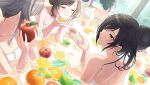  5girls apple bare_shoulders bath blush collarbone food fruit fruit_on_liquid hair_bun holding holding_food holding_fruit idolmaster idolmaster_shiny_colors l&#039;antica_(idolmaster) light_smile median_furrow mitsumine_yuika multiple_girls naked_towel official_art ofuro orange_(fruit) partially_submerged shirase_sakuya shoulder_blades single_hair_bun tanaka_mamimi towel tsukioka_kogane water_drop yukoku_kiriko 