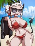  beach better_version_at_source bikini black_eyewear black_glasses black_horn black_tail boat breasts clothed clothing colored demon demon_humanoid eyebrows eyewear female glasses hair hands_on_legs helltaker hi_res horn humanoid justice_(helltaker) not_furry red_bikini red_clothing red_swimwear seaside sharp_teeth sky_light skylight_(artist) spanish_description swimwear tail teeth tongue vehicle watercraft white_hair 