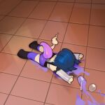  1girl blue_hair chibi commentary cup disposable_cup drinking_straw english_commentary full_body grimace_shake_(meme) highres indie_virtual_youtuber lying mcdonald&#039;s meme on_stomach purple_liquid single_thighhigh solo spill tail thernz thighhighs tile_floor tiles vienna_(vtuber) vienna_(vtuber)_(3rd_costume) virtual_youtuber 