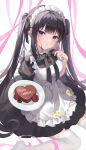  1girl absurdres apron black_bow black_bowtie black_dress black_hair blush bow bowtie breasts candy chocolate choppy_bangs commentary dress food frilled_apron frills happy_valentine heart heart-shaped_chocolate highres holding holding_plate juliet_sleeves long_hair long_sleeves looking_at_viewer maid maid_apron maid_headdress medium_breasts original parted_lips plate puffy_sleeves purple_eyes ri_yonn sidelocks sitting solo symbol-only_commentary thighhighs twintails valentine very_long_hair wariza white_apron white_thighhighs 