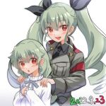  2girls :o aged_down anchovy_(girls_und_panzer) anzio_military_uniform belt black_necktie black_ribbon black_shirt blaze_(blazeillust) braid braided_ponytail commentary dated dress dress_shirt drill_hair girls_und_panzer green_hair grey_jacket hair_ribbon hands_on_another&#039;s_shoulders highres jacket long_hair long_sleeves looking_at_viewer military military_uniform multiple_girls necktie open_mouth red_eyes ribbon sam_browne_belt shirt single_braid smile standing time_paradox twin_drills twintails uniform white_background white_dress wing_collar 