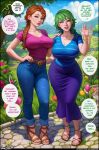  2girls absurdres afterimage aroma_sensei belt blue_eyes blue_shirt blush breasts brown_hair caroline_(stardew_valley) cleavage denim earrings english_text farm flirting freckles green_eyes green_hair hair_ornament hair_scrunchie high_heels highres huge_breasts jeans jewelry jodi_(stardew_valley) large_breasts long_hair looking_at_viewer mature_female multiple_girls nail_polish necklace orange_hair outdoors pants pedicure ponytail pov pumps purple_shirt ring sandals scrunchie shirt skirt stardew_valley toenail_polish toenails waving wedding_ring wide_hips 