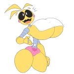  absurd_res animatronic anthro avian bib big_breasts bird black_sclera breasts chicken clothing exposed_endoskeleton female five_nights_at_freddy&#039;s five_nights_at_freddy&#039;s_2 galliform gallus_(genus) head_feathers head_tuft hi_res huge_breasts looking_at_viewer machine open_mouth open_smile panties phasianid pink_clothing pink_panties pink_underwear robot rosy_cheeks scottgames sharp_teeth simple_background small_waist smile solo teeth thick_thighs toy_chica_(fnaf) tuft underwear white_background white_eyes wide_hips yummercummer 