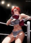  1girl abs blood blood_on_face boxing_gloves boxing_ring breasts bruise cleavage elleciel.eud grey_panties grey_sports_bra grin highres injury large_breasts medium_hair navel panties red_eyes red_hair smile snk solo sports_bra spotlight sweat the_king_of_fighters toned underwear underwear_only vanessa_(kof) 
