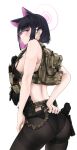  1girl animal_ears armpit_crease ass black_hair black_panties black_pantyhose blue_archive breasts breath camouflage cat_ears colored_inner_hair from_behind fte_(fifteen_199) gun hair_ornament hairclip halo handgun highres holster kazusa_(blue_archive) looking_at_viewer looking_back medium_breasts multicolored_hair panties pantyhose parted_lips pink_hair red_eyes short_hair simple_background solo sweat tactical_clothes two-tone_hair underwear weapon white_background 