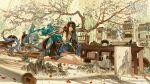  1girl arknights bitey_(arknights) black_hair calligraphy_brush chinese_commentary commentary_request cup drawing dusk dusk_(arknights) eating food highres horns kneeling long_hair official_art paintbrush pointy_ears red_eyes tail teacup teapot tree zongzi 