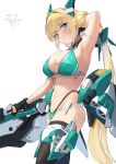  1girl absurdres arm_behind_head arm_up armor armpits bikini bikini_armor black_thighhighs blonde_hair blue_eyes blush breasts cleavage closed_mouth green_armor green_bikini hair_ornament headgear highleg highleg_bikini highres holding holding_weapon huge_breasts long_hair looking_at_viewer low_twintails mecha_musume nandarobium navel original science_fiction simple_background solo stomach swimsuit thigh_armor thighhighs twintails v-shaped_eyebrows weapon white_armor white_background 